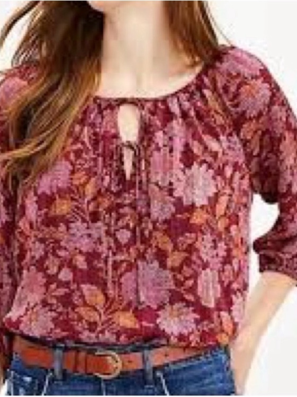 Loft Double Tie Neck Floral Blouse 3/4 Sleeves Flowy Top Size S